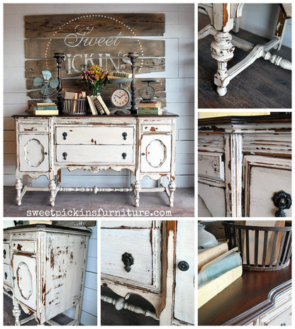 Collage of vintage furniture with 'Sweet Pickins' branding.