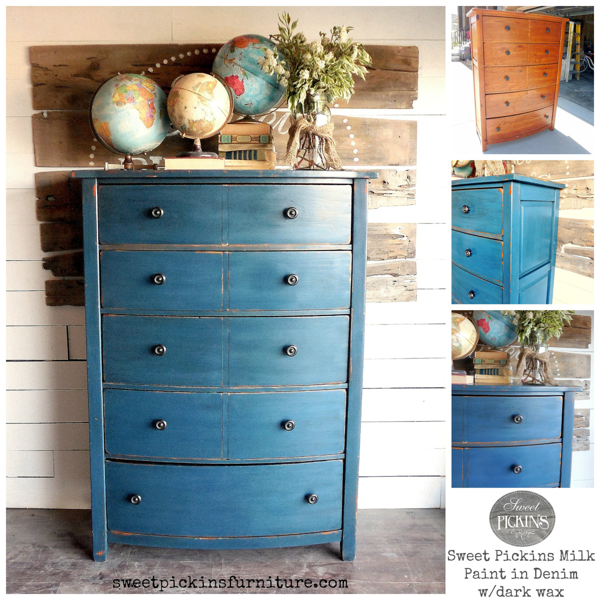A tall blue painted wooden dresser with six drawers and small round dark knobs, shown in a styled room setting with globes and a vase on top. The main view is large, with three smaller inset photos on the right showing the dresser from different angles and a logo for Sweet Pickins Furniture.