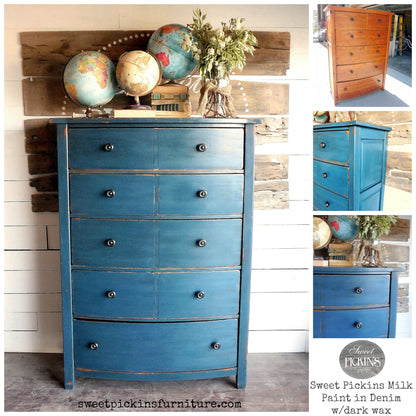 A tall blue painted wooden dresser with six drawers and small round dark knobs, shown in a styled room setting with globes and a vase on top. The main view is large, with three smaller inset photos on the right showing the dresser from different angles and a logo for Sweet Pickins Furniture.