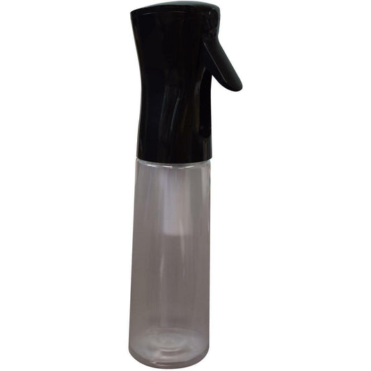 Clear spray bottle with black nozzle on a white background