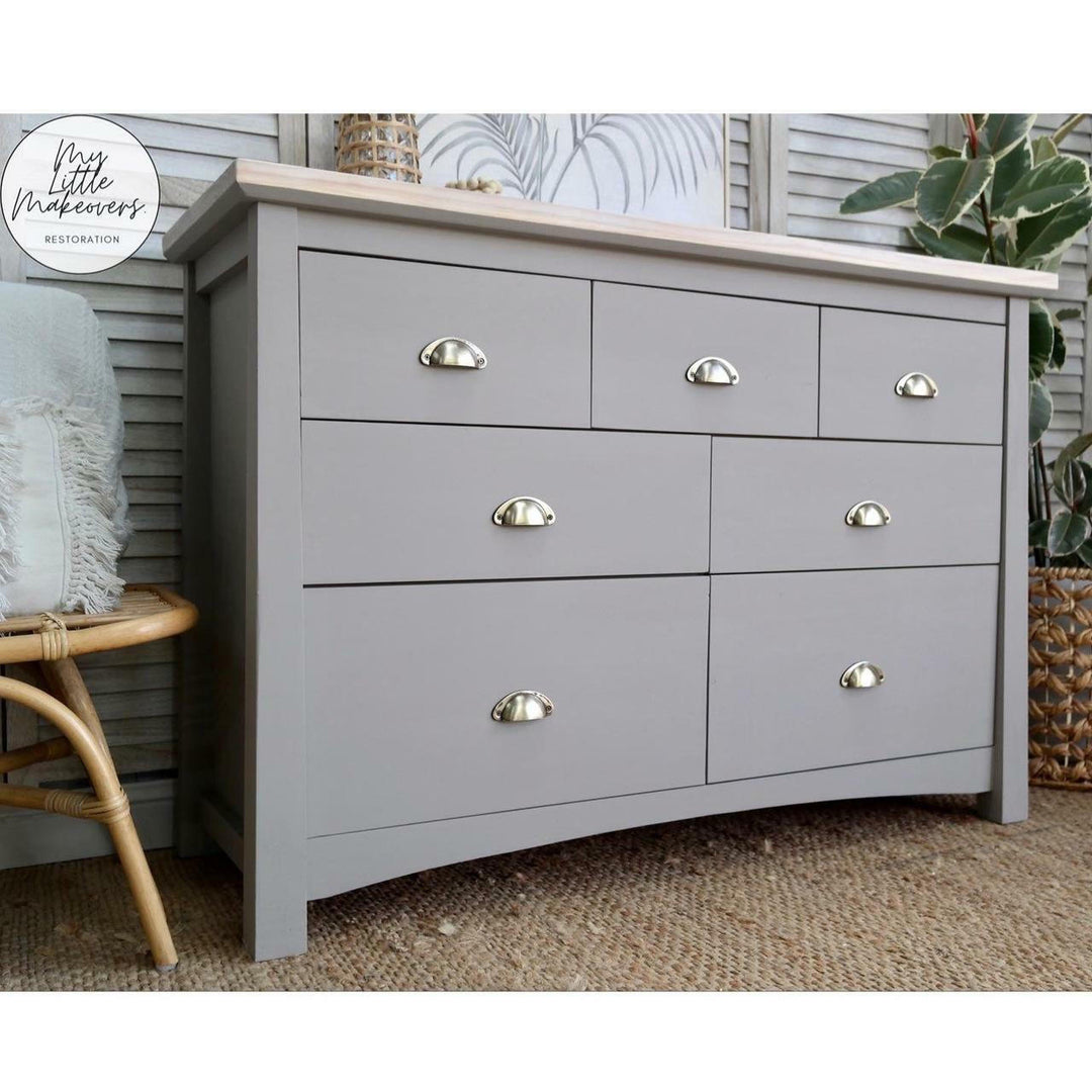 Gray dresser with gold handles on a carpeted floor, with 'My Little Makery' branding.