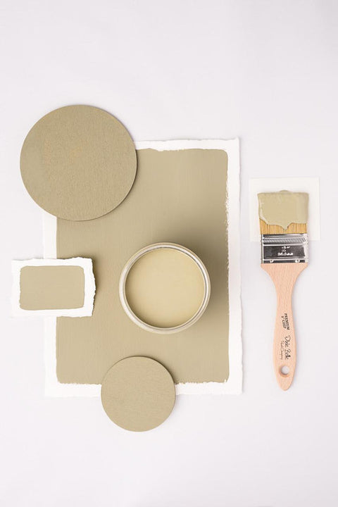 A paint color presentation featuring a light sage green paint can, a paintbrush with applied paint, and matching painted swatches on a white background.