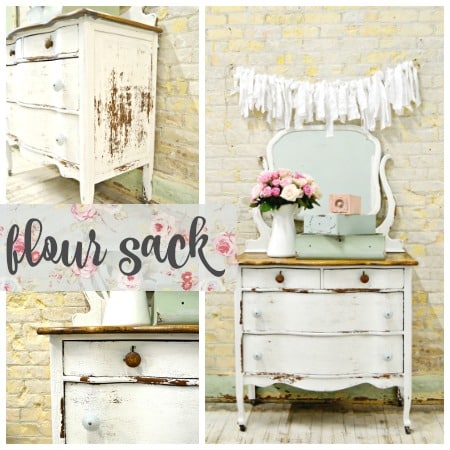 Collage of vintage furniture with a 'flour sack' sign.