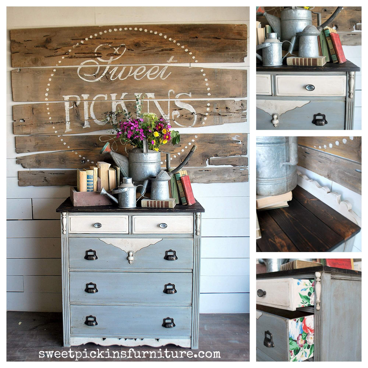 Collage of a furniture store with various items and a wooden wall with 'Sweet Pickins' branding.