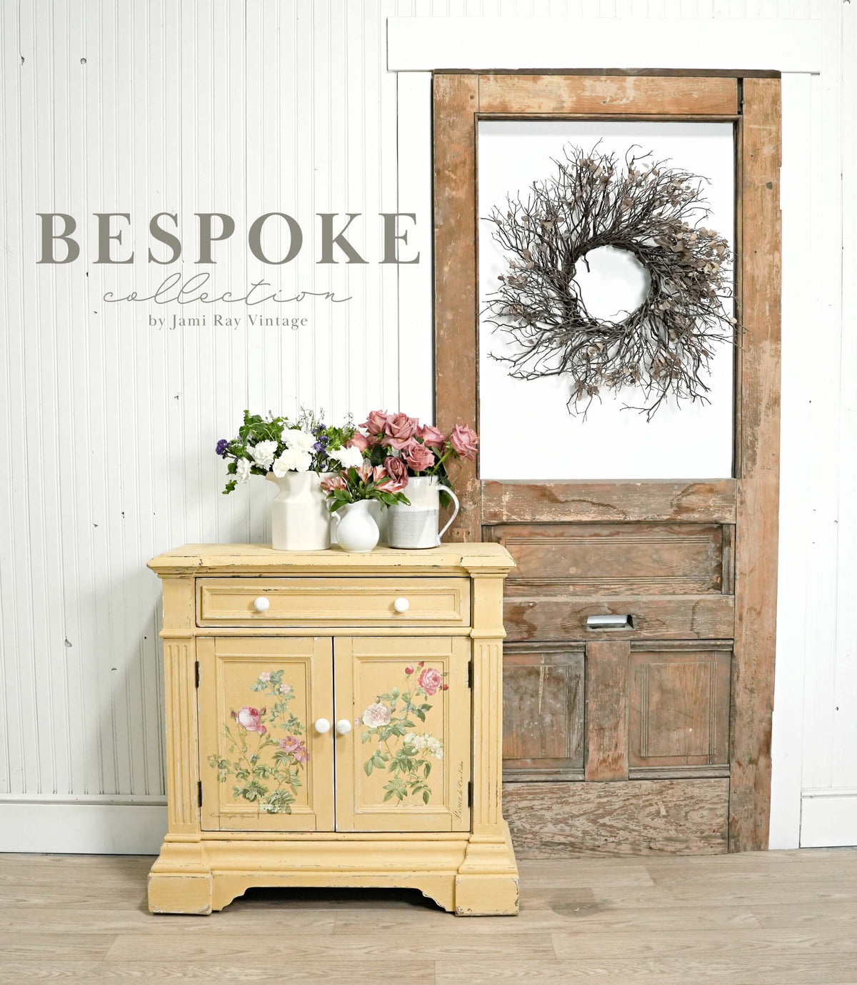 Vintage-style cabinet with floral design in a rustic interior setting, featuring the 'Bespoke collection' by Jane Ray Vintage.