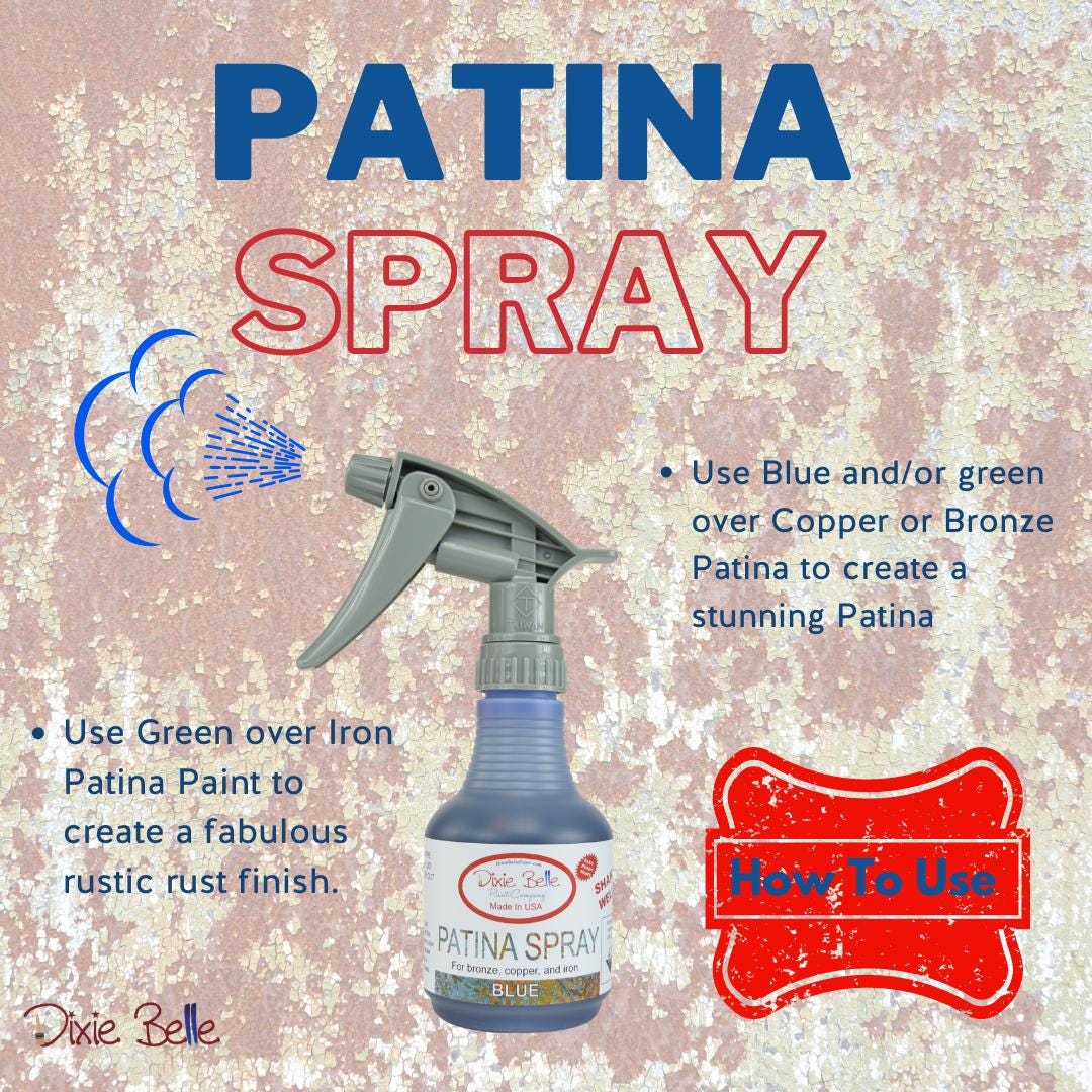 Patina spray bottle with instructions on a textured background