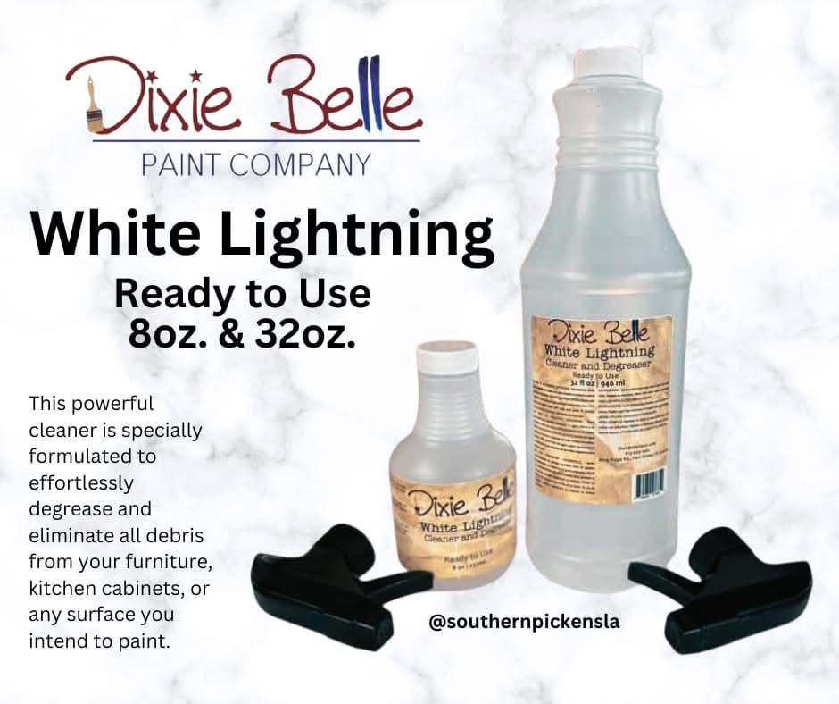 Dixie Belle White Lightning cleaner with 8oz and 32oz bottles on a white background.