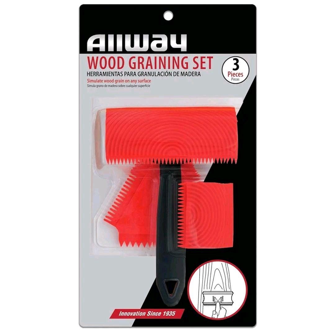 Allway wood graining set packaging with three red tools on a white background