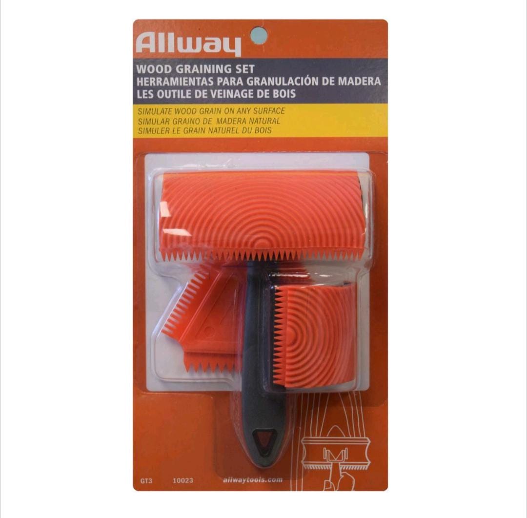 Allway wood grainating set packaging with orange tools on a white background