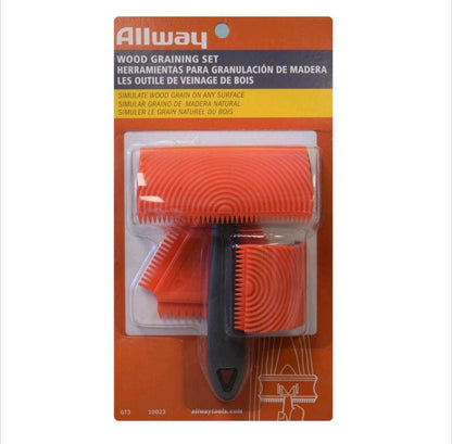Allway wood grainating set packaging with orange tools on a white background
