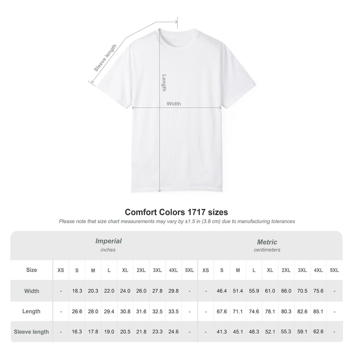 White short-sleeve t-shirt shown with measurement annotations for length and width, plus a Comfort Colors 1717 sizes chart below on a light gray background.