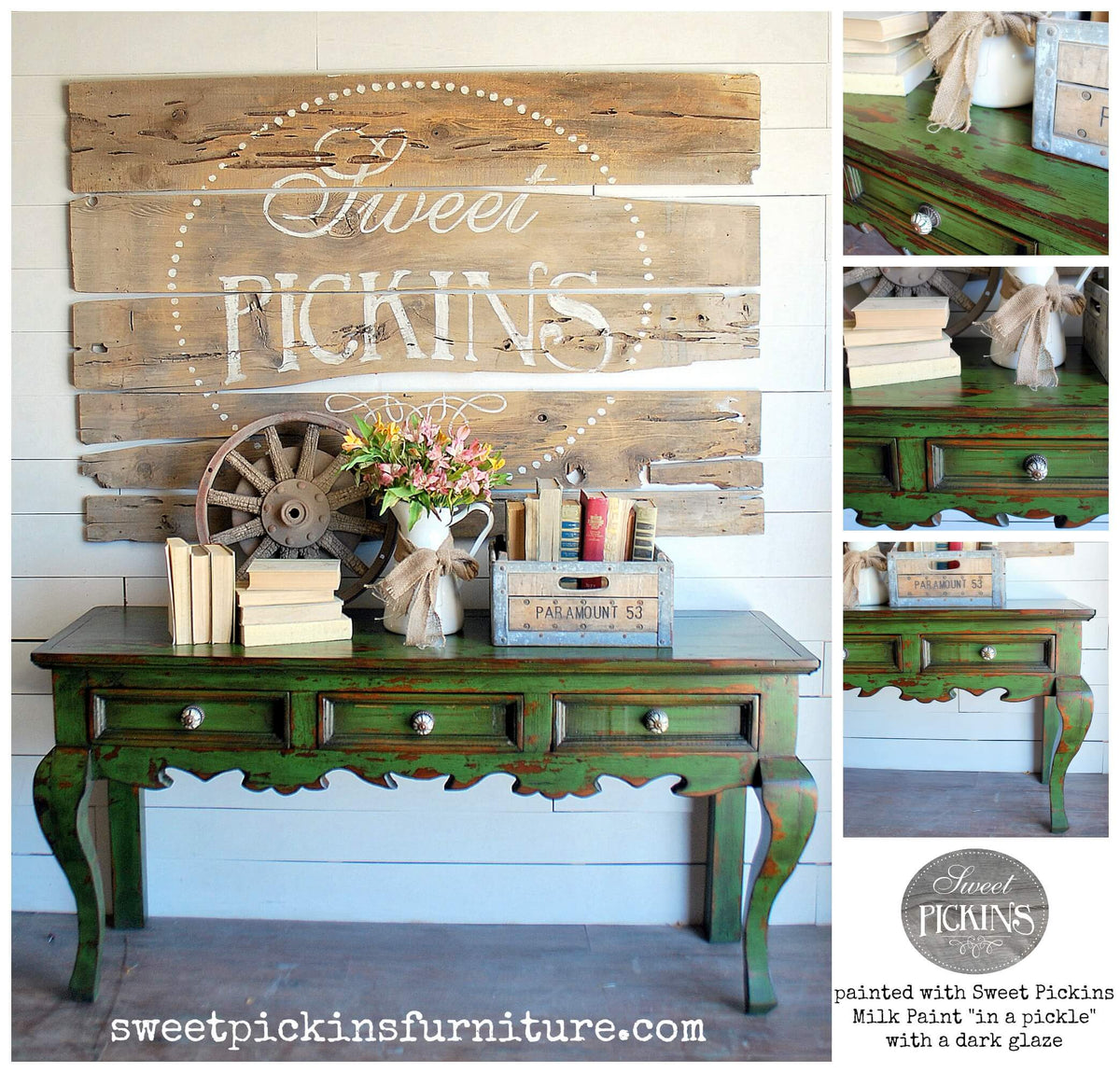Collage of furniture with 'Sweet Pickins' branding, featuring a wooden table and decorative items.