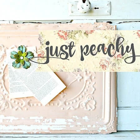 A decorative sign reading 'just peachy' in dark script over a floral cream banner, displayed on a distressed pale pink embossed tray with an open book and a small green flower prop against a white wood background.