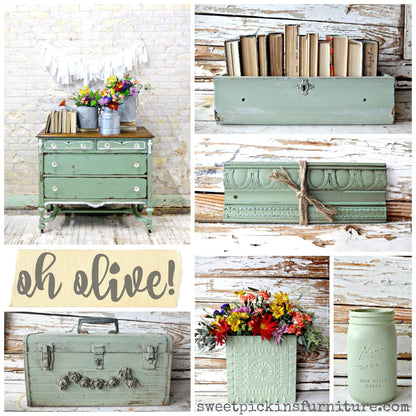 Collage of vintage-style furniture and decor items with a focus on a green color theme.