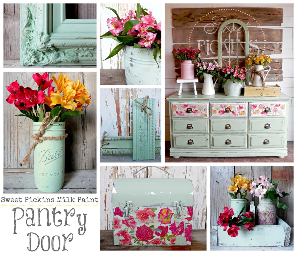 Collage of home decor items including a dresser, flowers, and painted furniture.