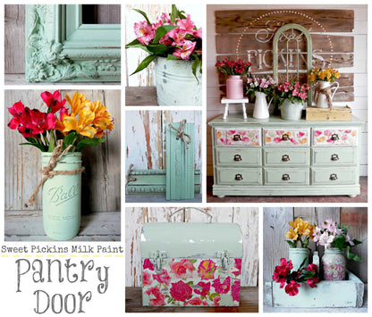 Collage of home decor items including a dresser, flowers, and painted furniture.