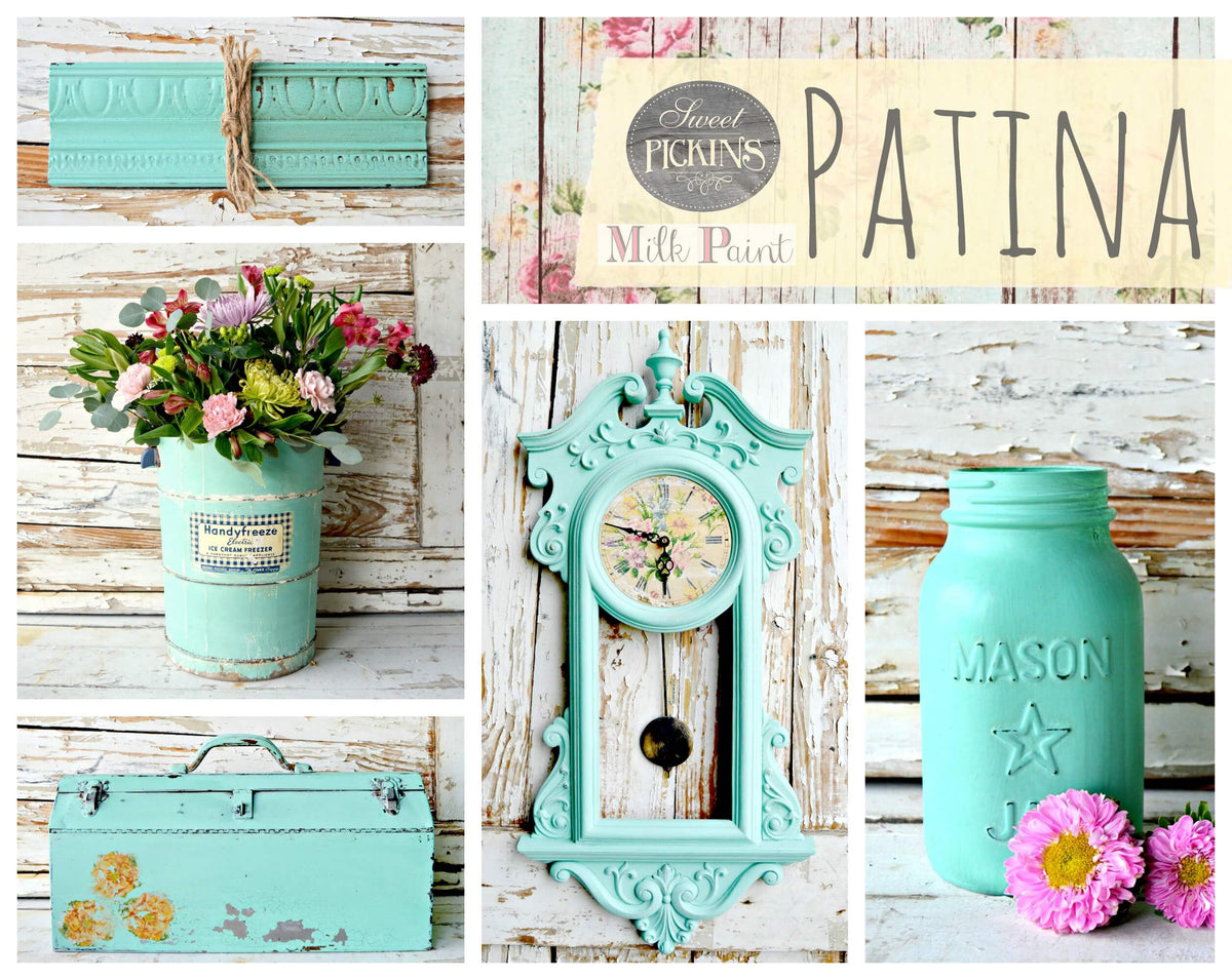 Collage of vintage-style decor items with 'Patina' branding.