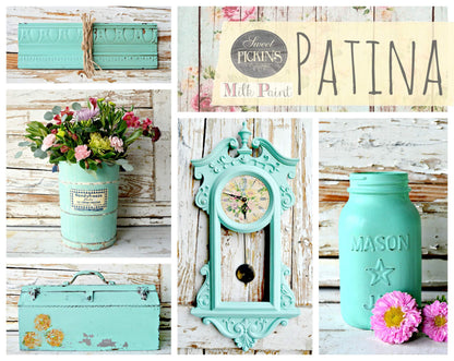 Collage of vintage-style decor items with 'Patina' branding.