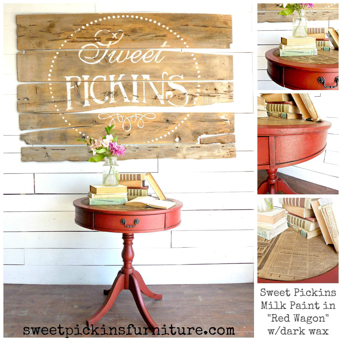 Collage of a red side table with 'Sweet Pickins' branding against a wooden background.