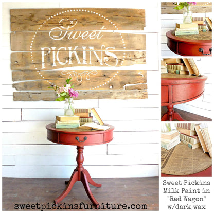 Collage of a red side table with 'Sweet Pickins' branding against a wooden background.