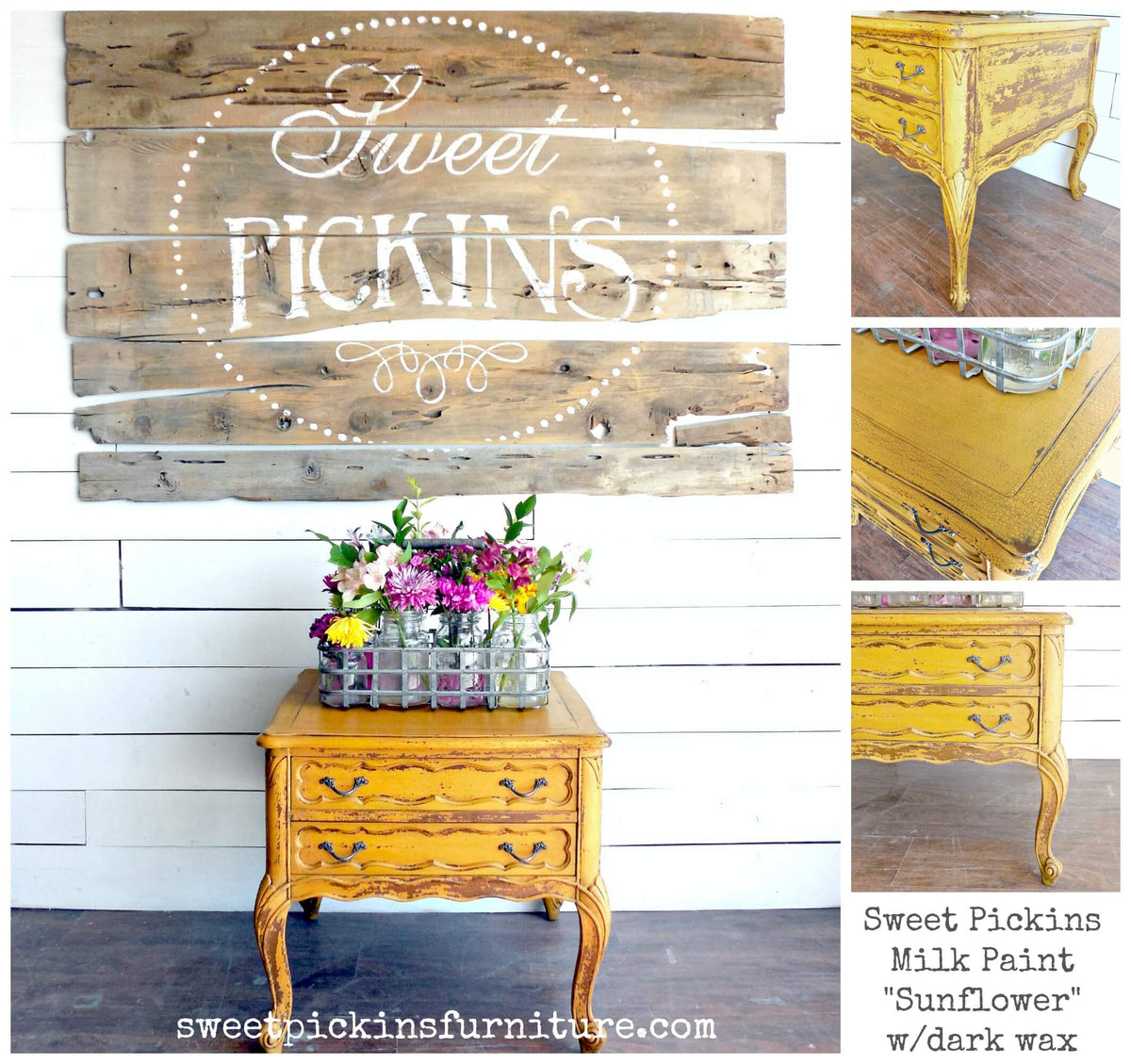 Collage of furniture pieces with 'Sweet Pickins' branding and product details.