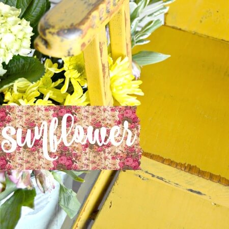 A close-up decorative scene with yellow flowers, green leaves, a yellow chair, and a floral banner across the center reading “sunflower” in white script.
