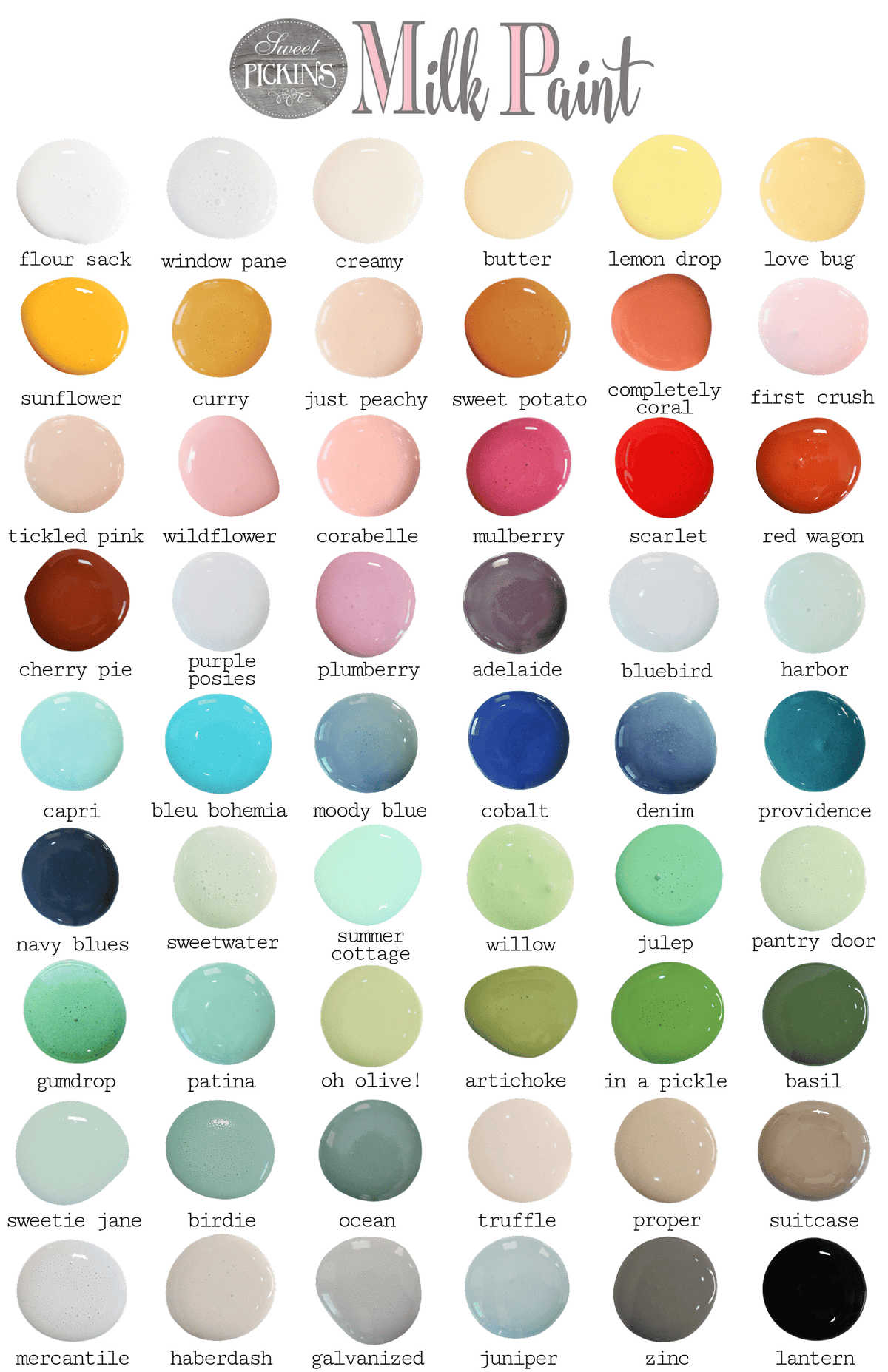 Color swatches of milk paint with names and a brand logo.