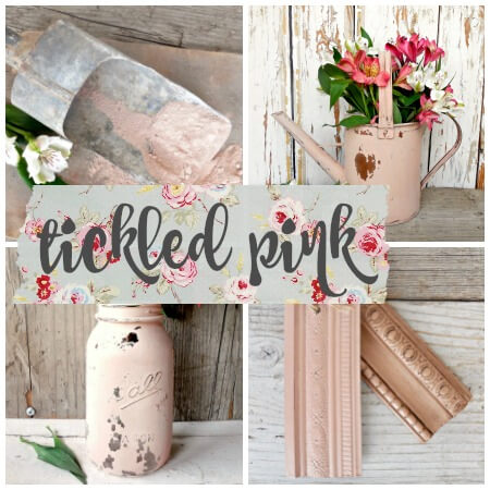 A rustic-themed collage featuring shiplap decor items in a soft pink colorway, including a metal watering can with flowers, a pink-painted mason jar, decorative molding pieces, and a central sign reading 'tickled pink' with floral accents.