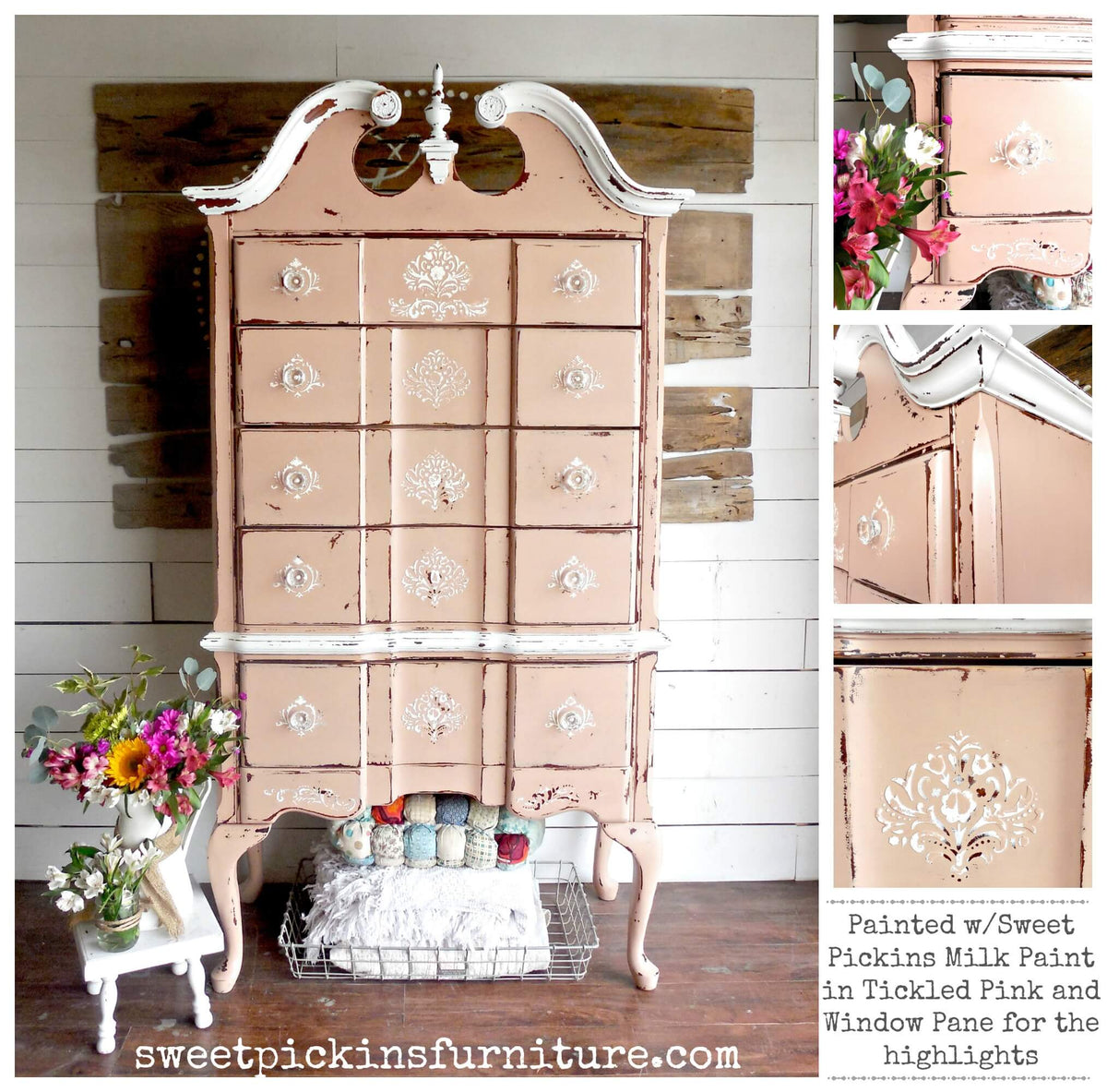 A vintage-style wooden cabinet or hutch painted in distressed pickled pink with white trim, shown in a home interior setting with flowers, a small side table, and shelving. The image includes close-up inset panels on the right and text reading 'Painted w/Sweet Pickins Milk Paint in Pickled Pink and Window Pane for the highlights' plus 'sweetpickinsfurniture.