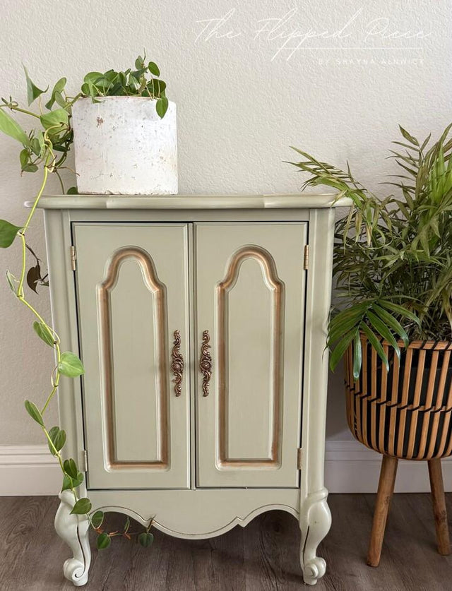 A small painted cabinet with two arched doors and ornate handles, styled in a home setting with potted plants on a wood floor against a textured wall.